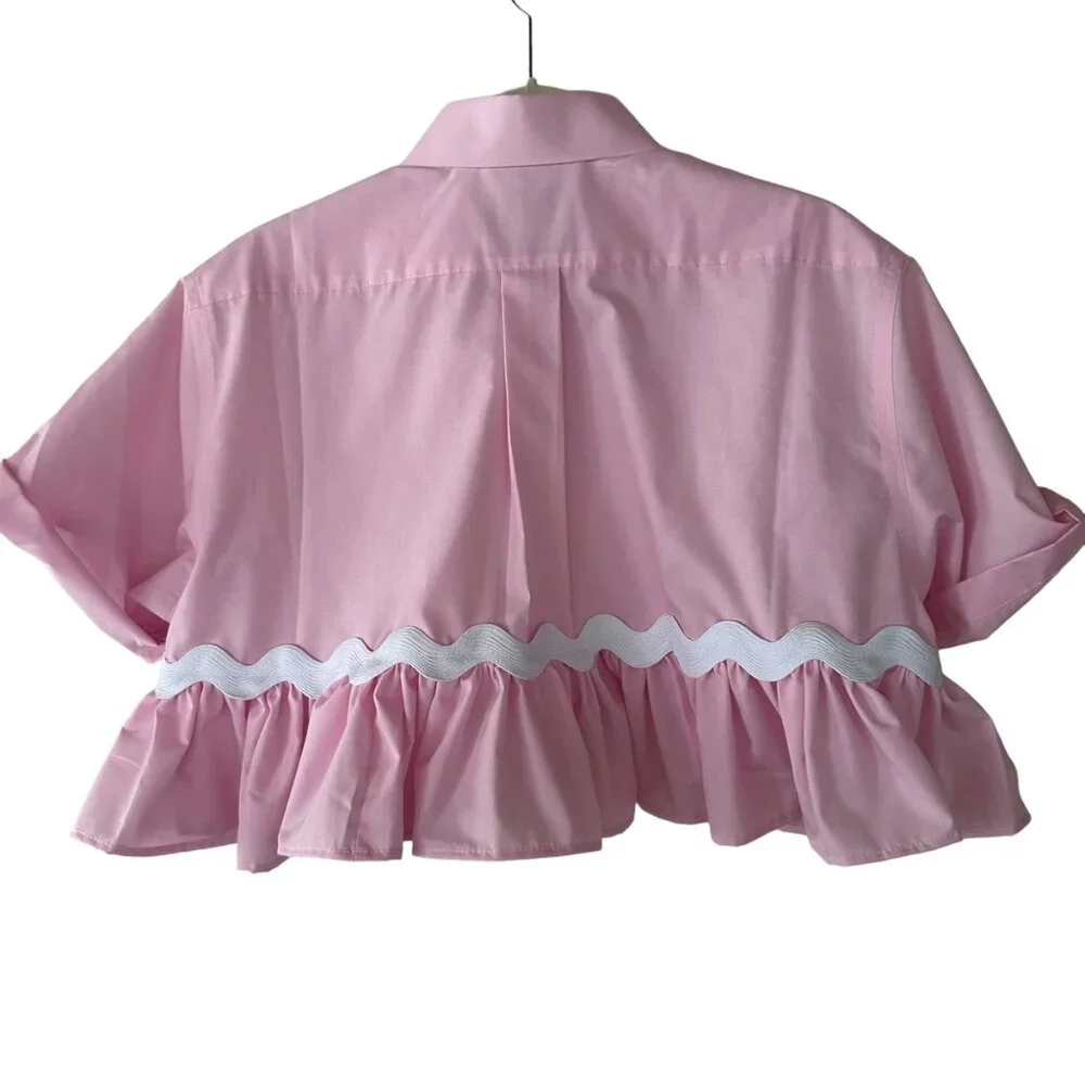 Custom Ruffle Cropped Button Up Shirt Rick Rack Trim Short Sleeve Upcycled Pink - Picture 3 of 7